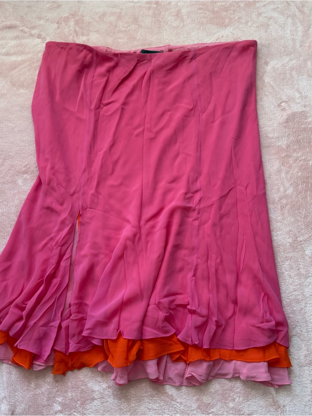Ralph Lauren tiered ruffle pink orange midi 100% silk skirt